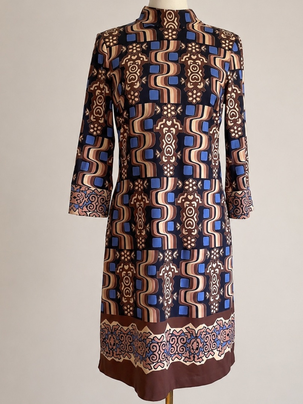 J.McLaughlin Geometric Mock Neck Shift Dress Blue Brown Stretch Size S